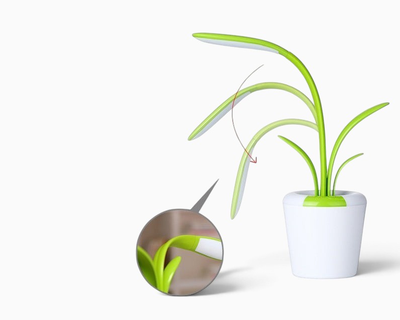 Lampe de bureau LED Lumeoo verte en forme de plante avec col flexible, tactile et dimmable pour protection oculaire
