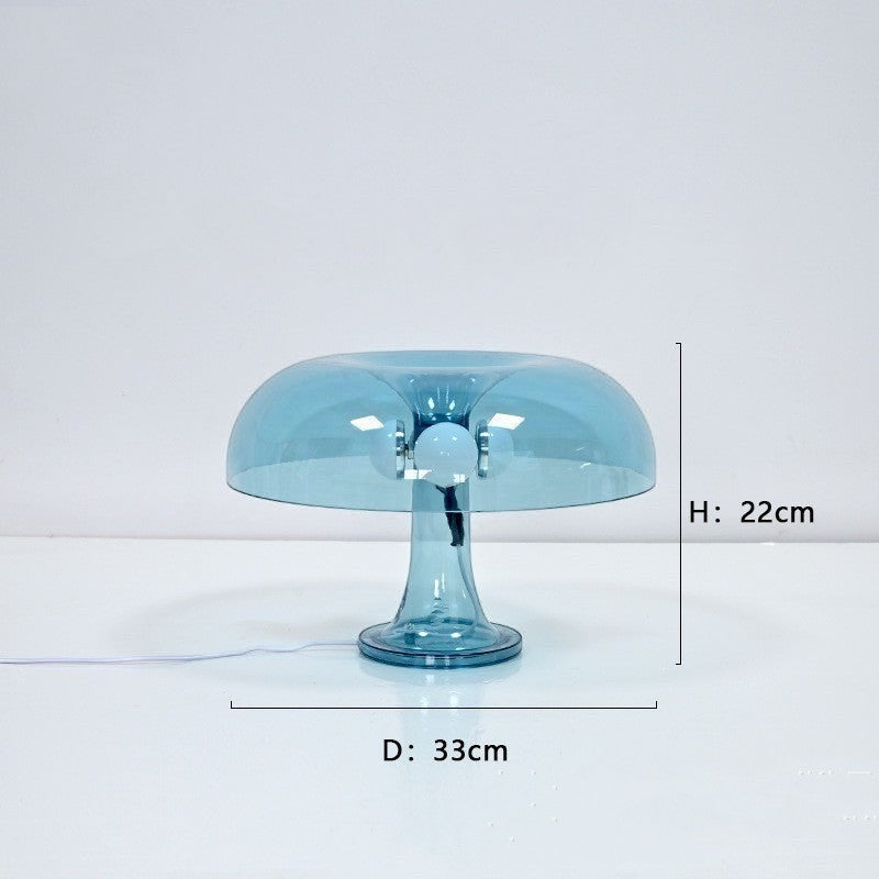 Lampe champignon Lumeoo transparente bleue au design moderne avec dimensions indiquées sur fond blanc