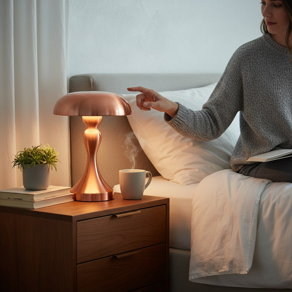 Lampe de table champignon Lumeoo en métal cuivré avec contrôle tactile sur une table de chevet dans une chambre cosy
