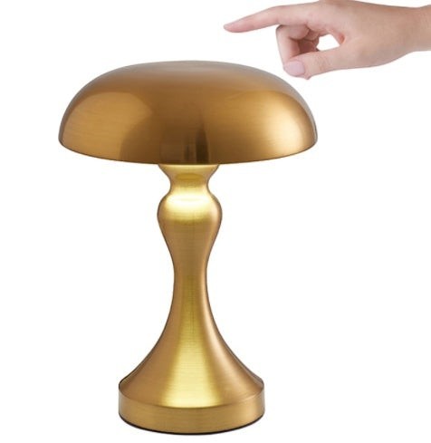 Lampe de table champignon Lumeoo dorée tactile et rechargeable avec design moderne en métal brossé