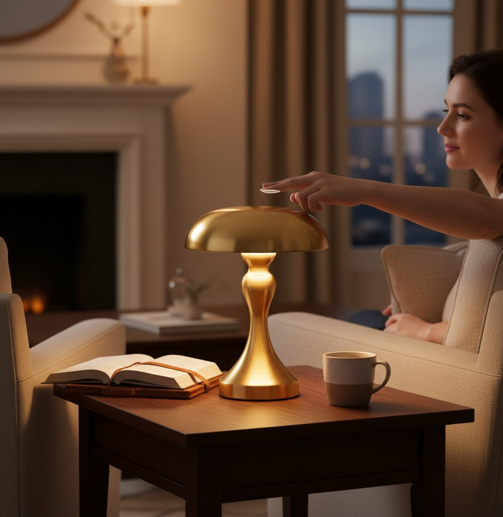 Lampe de table champignon Lumeoo dorée tactile sur une table en bois dans un salon cosy avec une femme