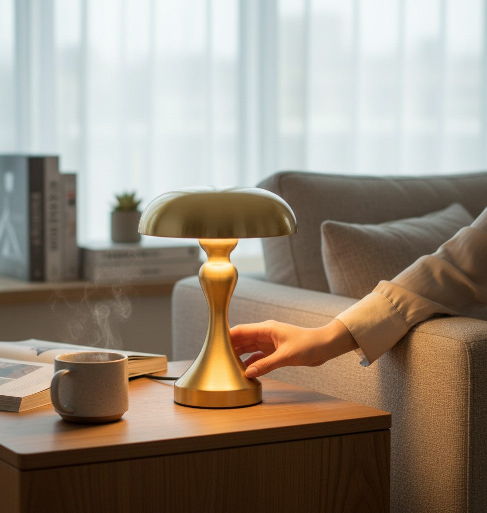 Lampe de table champignon Lumeoo dorée tactile sans fil posée sur une table en bois dans un salon cosy