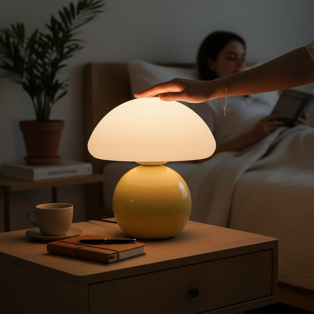 Lampe champignon Lumeoo jaune rechargeable sur table de chevet avec main posée sur l'abat-jour diffusant une lumière Image