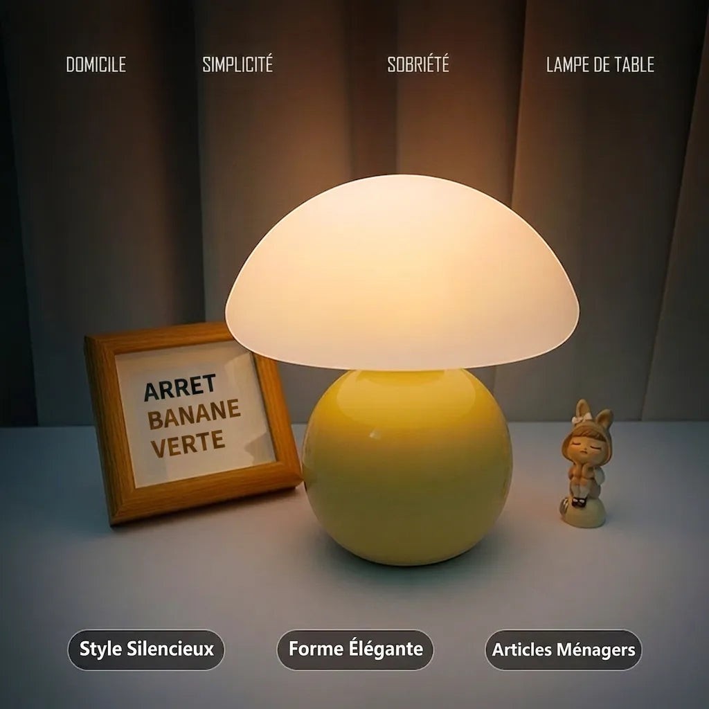 Lampe champignon Lumeoo jaune rechargeable avec abat-jour diffusant une lumière douce et chaleureuse sur une table