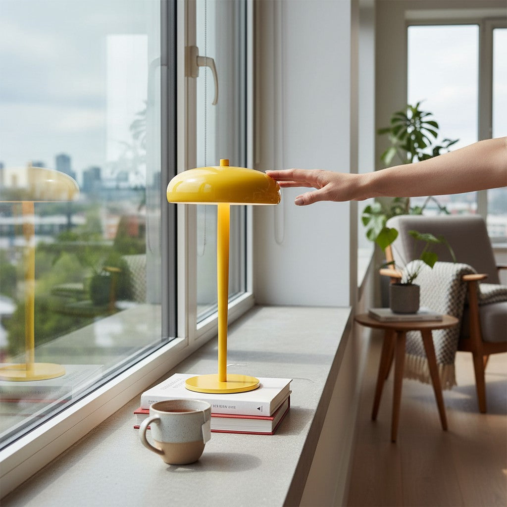 Lampe champignon Lumeoo jaune rechargeable au design minimaliste posée sur un rebord de fenêtre avec une main Image