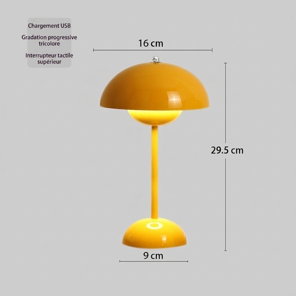 Lampe champignon Lumeoo jaune rechargeable sans fil avec contrôle tactile et dimensions indiquées sur fond gris