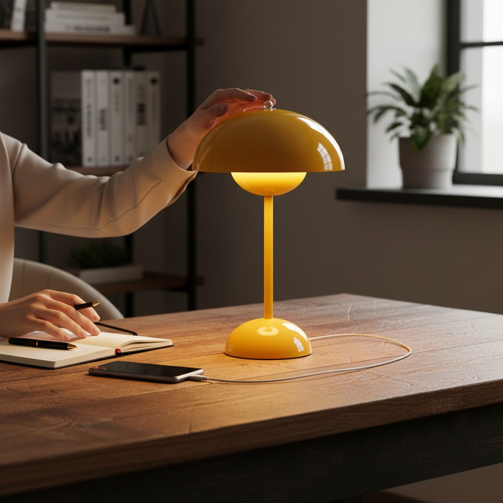 Lampe champignon Lumeoo jaune rechargeable et tactile posée sur un bureau en bois avec une main qui l'ajuste.