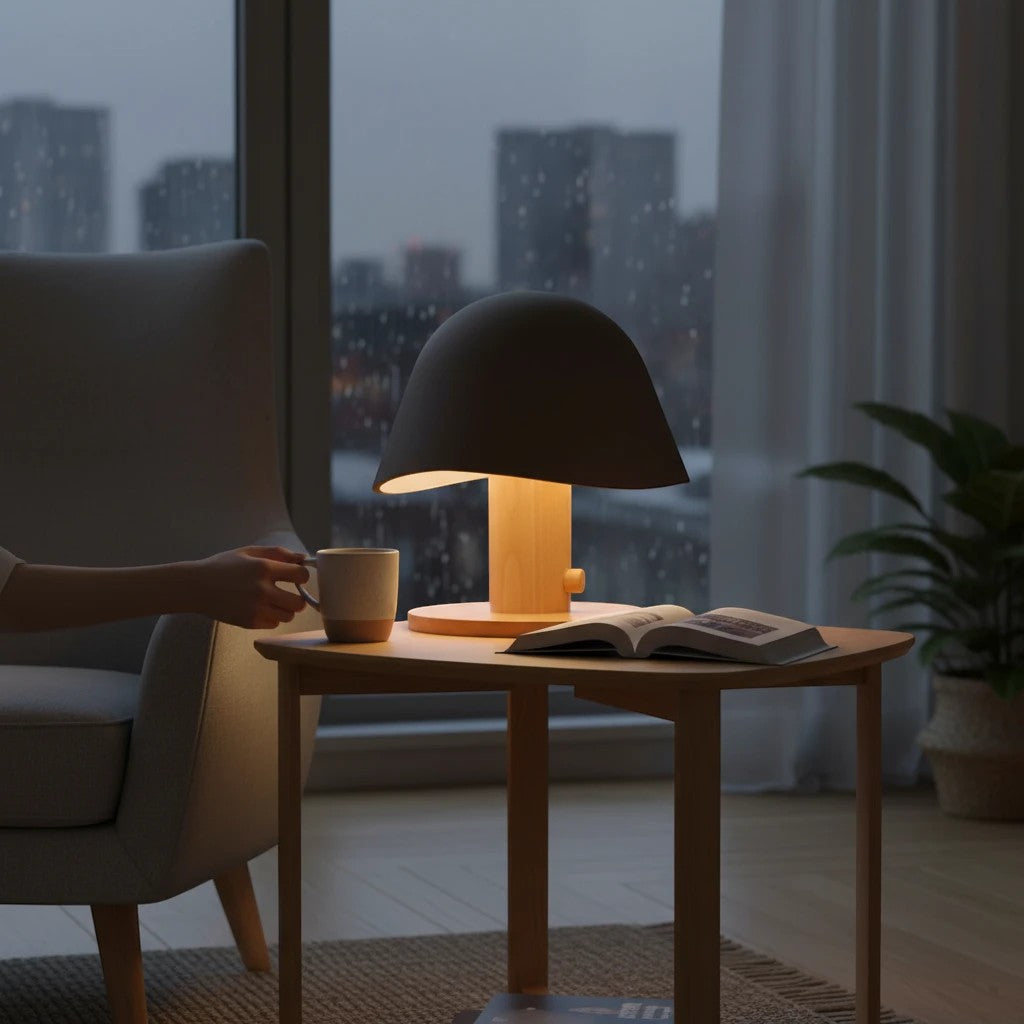Lampe champignon Lumeoo au design nordique avec base en bois clair et abat-jour gris, posée sur une table près d'un fauteuil