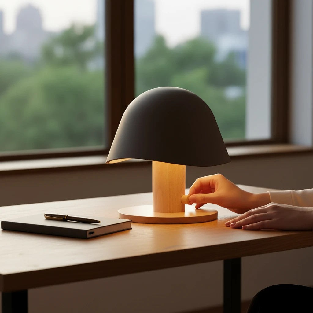 Lampe champignon Lumeoo au design nordique avec abat-jour gris et pied en bois clair sur un bureau près d'une fenêtre Image
