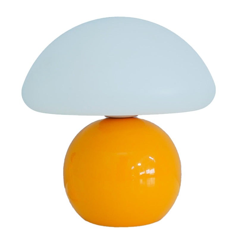 Lampe champignon Lumeoo rechargeable avec base ronde orange et abat-jour blanc diffusant une lumière douce