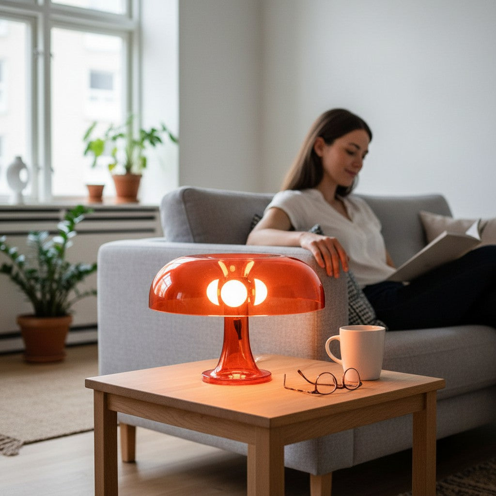 Lampe champignon Lumeoo en verre orange transparent posée sur une table basse dans un salon cosy avec une femme Image