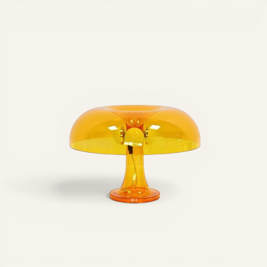 Lampe champignon Lumeoo en acrylique orange transparent au design rétro diffusant une lumière douce et chaleureuse