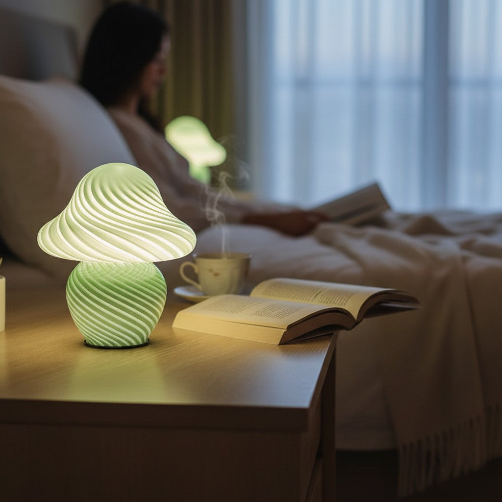 Lampe champignon Lumeoo en pâte de verre vert clair avec motifs torsadés sur une table de chevet dans une chambre Image