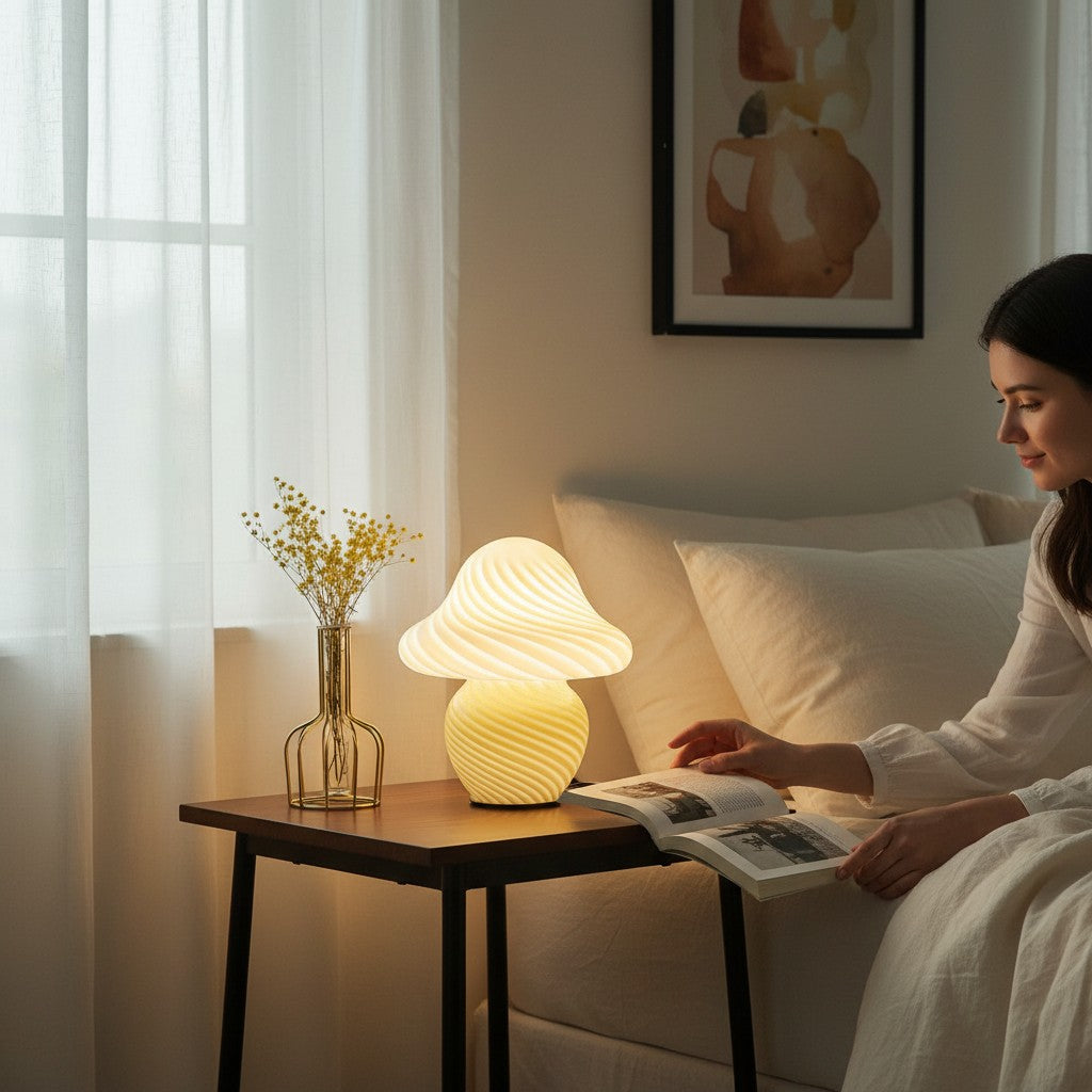Lampe champignon Lumeoo en pâte de verre blanche posée sur une table de chevet près d'une femme lisant un livre