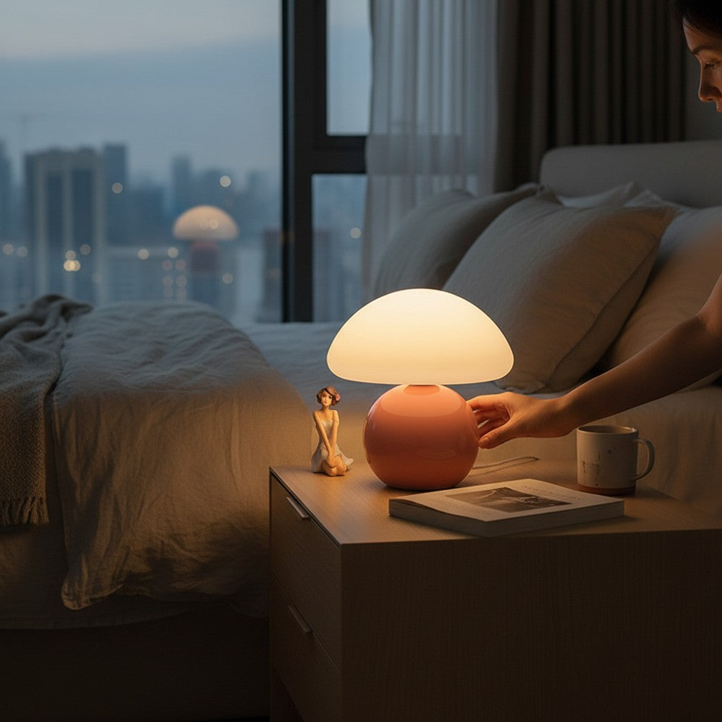 Lampe champignon Lumeoo rose rechargeable sur table de chevet avec lumière douce et télécommande dans une chambre
