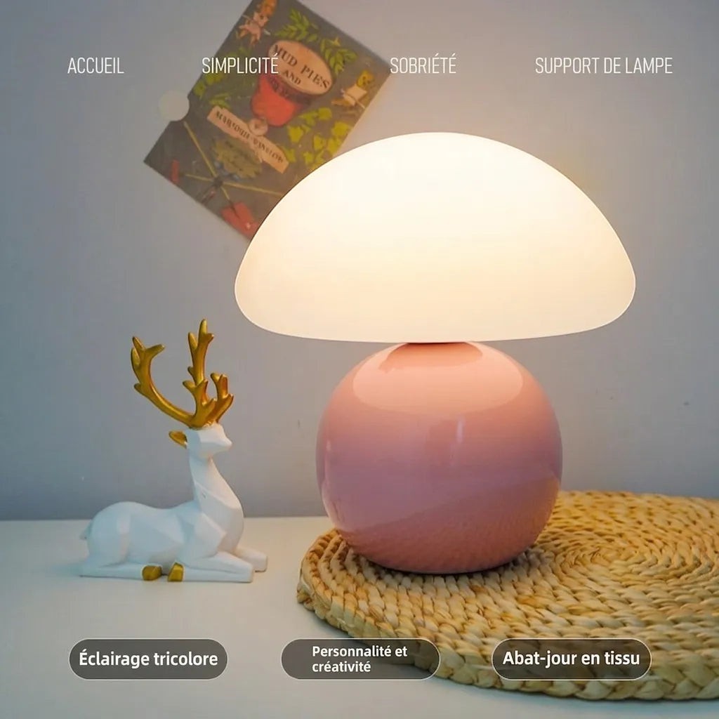 Lampe champignon Lumeoo rose et blanche rechargeable avec télécommande sur une table de chevet avec une figurine cerf