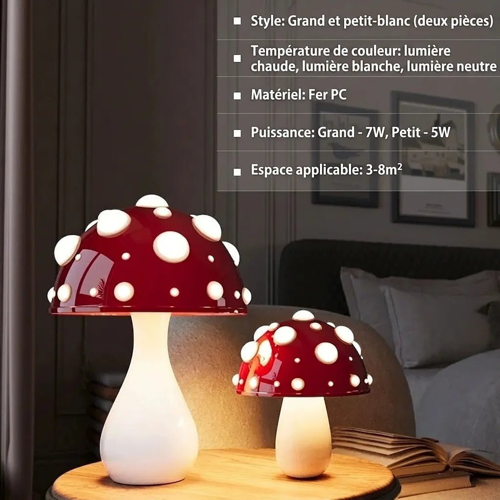 Deux lampes champignon Lumeoo rouges à pois blancs sur une table de chevet, design moderne en fer et PC