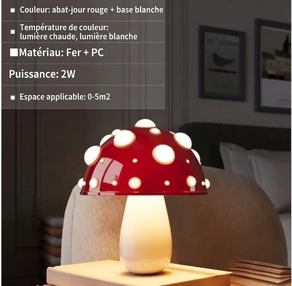 Lampe champignon Lumeoo rouge et blanche en fer et polycarbonate avec éclairage dimmable pour table de chevet