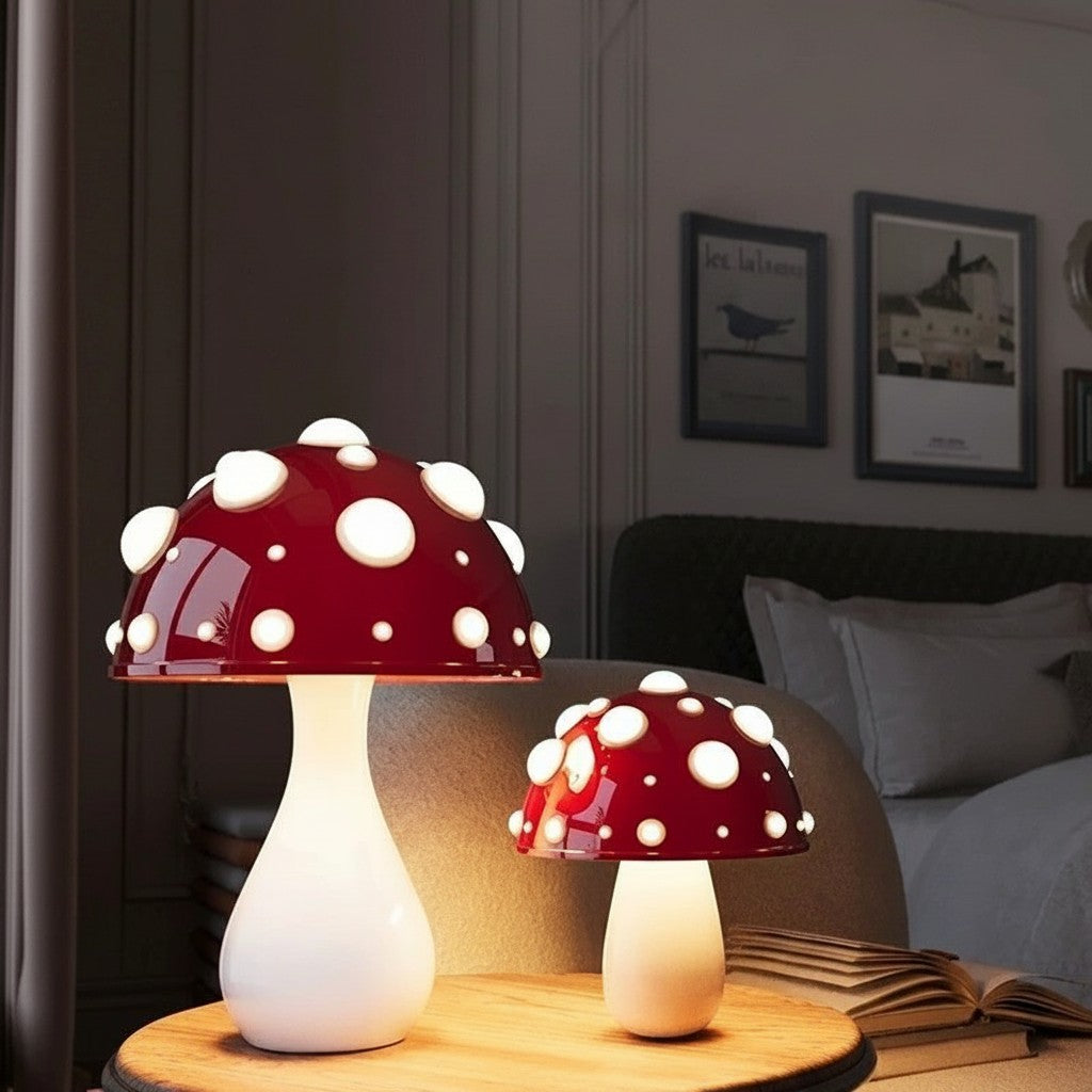 Lampes champignon Lumeoo rouges à pois blancs, design dimmable pour une ambiance chaleureuse sur une table de chevet.