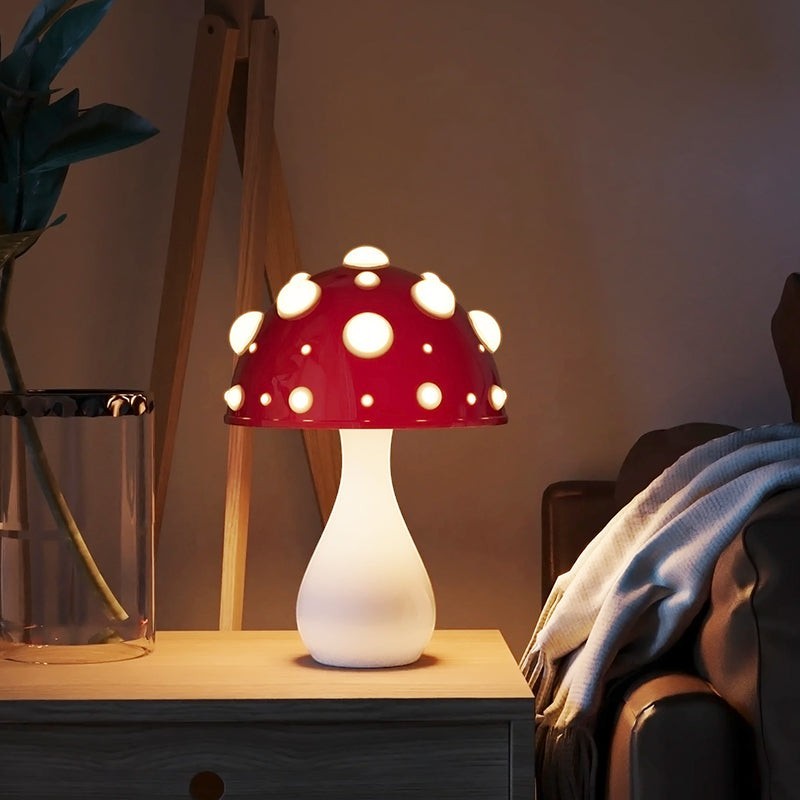 Lampe champignon Lumeoo rouge à pois blancs, luminaire de chevet dimmable au design décoratif et chaleureux