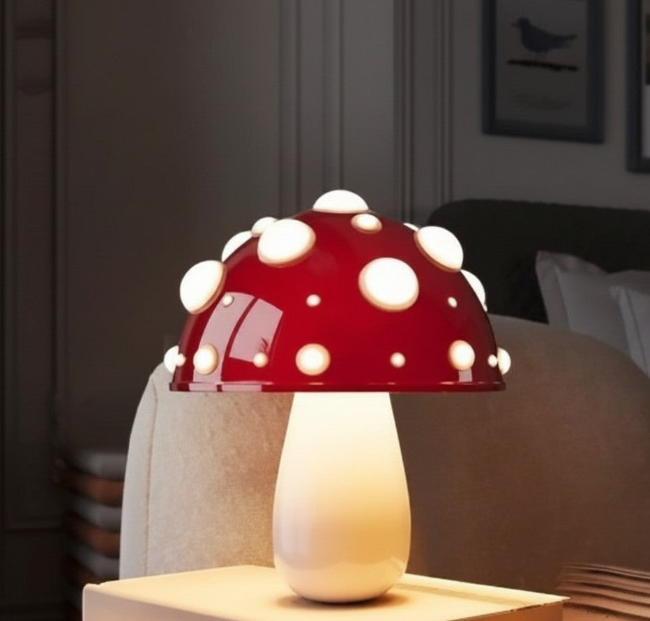 Lampe champignon Lumeoo rouge brillante avec pois lumineux, idéale comme lampe de chevet décorative et dimmable.
