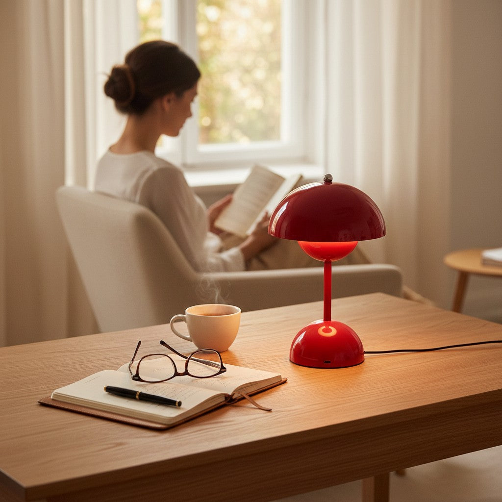 Lampe champignon rouge Lumeoo sans fil sur une table en bois avec une femme lisant en arrière-plan Image