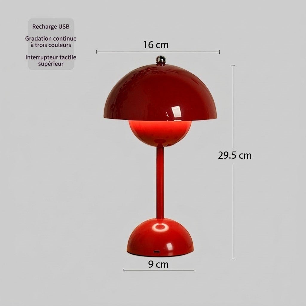 Lampe champignon Lumeoo rouge rechargeable sans fil avec contrôle tactile et dimensions indiquées sur fond gris