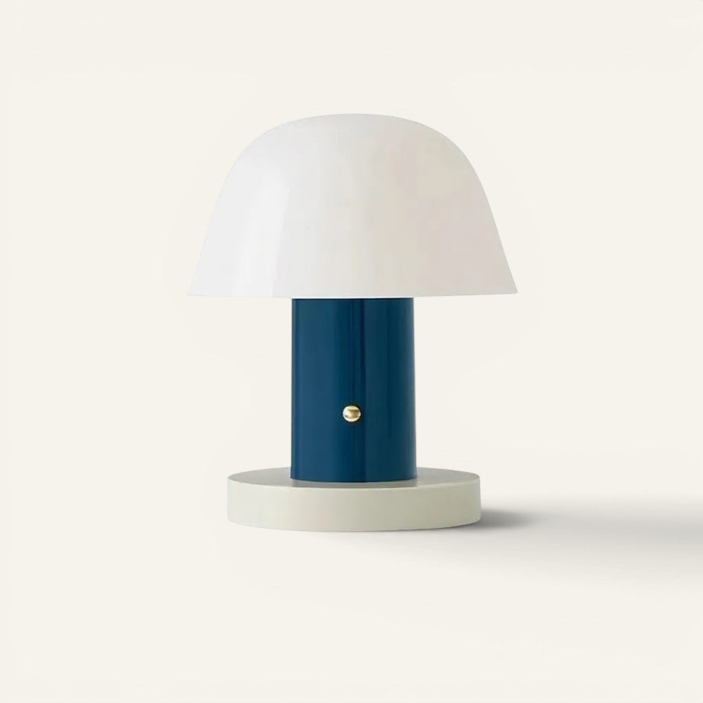 Lampe de table champignon Lumeoo rechargeable tactile en acrylique bleu et gris avec dimensions techniques
