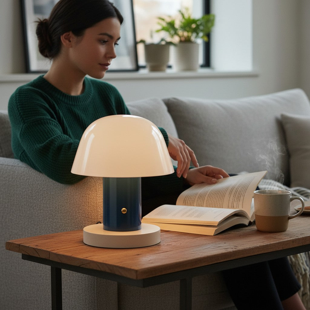 Lampe de table champignon Lumeoo tactile et rechargeable bleue posée sur une table basse près d'une femme qui lit
