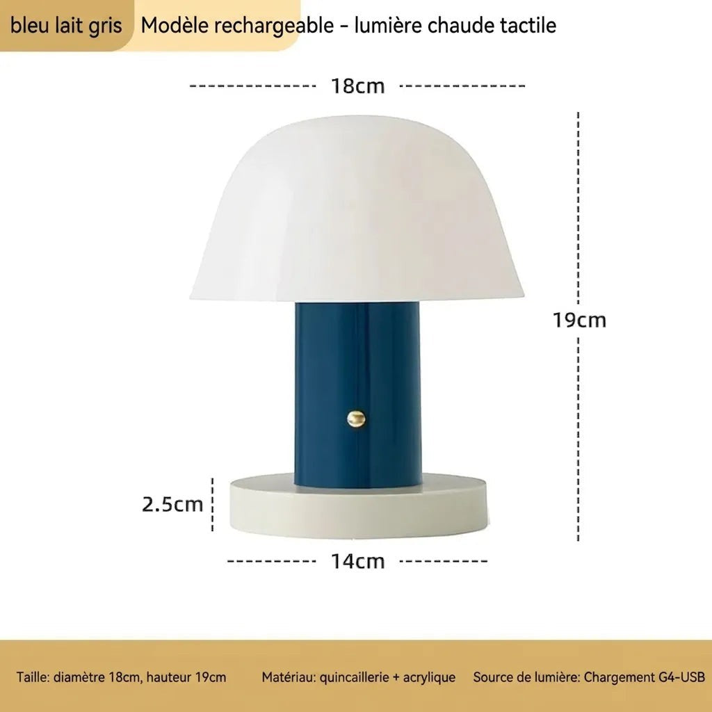 Lampe de table champignon Lumeoo rechargeable tactile en métal bleu et acrylique blanc avec dimensions indiquées