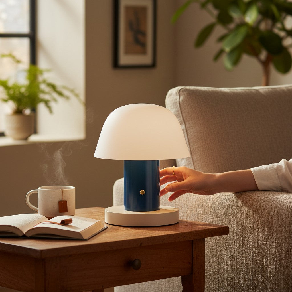 Lampe de table champignon Lumeoo bleue et blanche tactile sans fil posée sur une table en bois dans un salon cosy