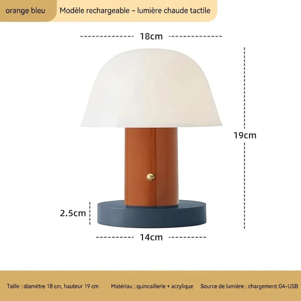 Lampe de table champignon Lumeoo rechargeable tactile avec base bleue, pied orange et abat-jour blanc en acrylique