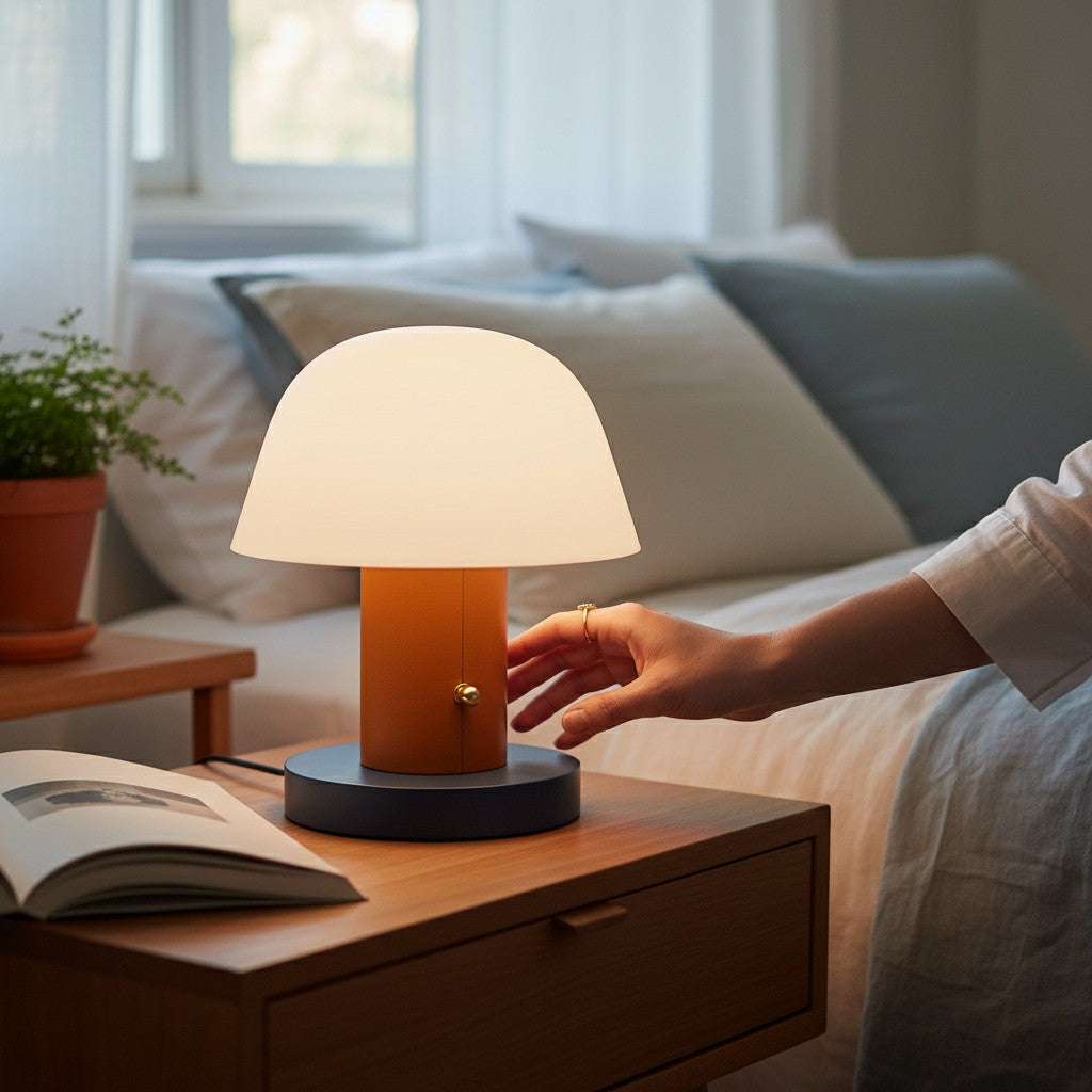 Lampe de table champignon Lumeoo tactile rechargeable avec base orange et abat-jour blanc diffusant une lumière douce