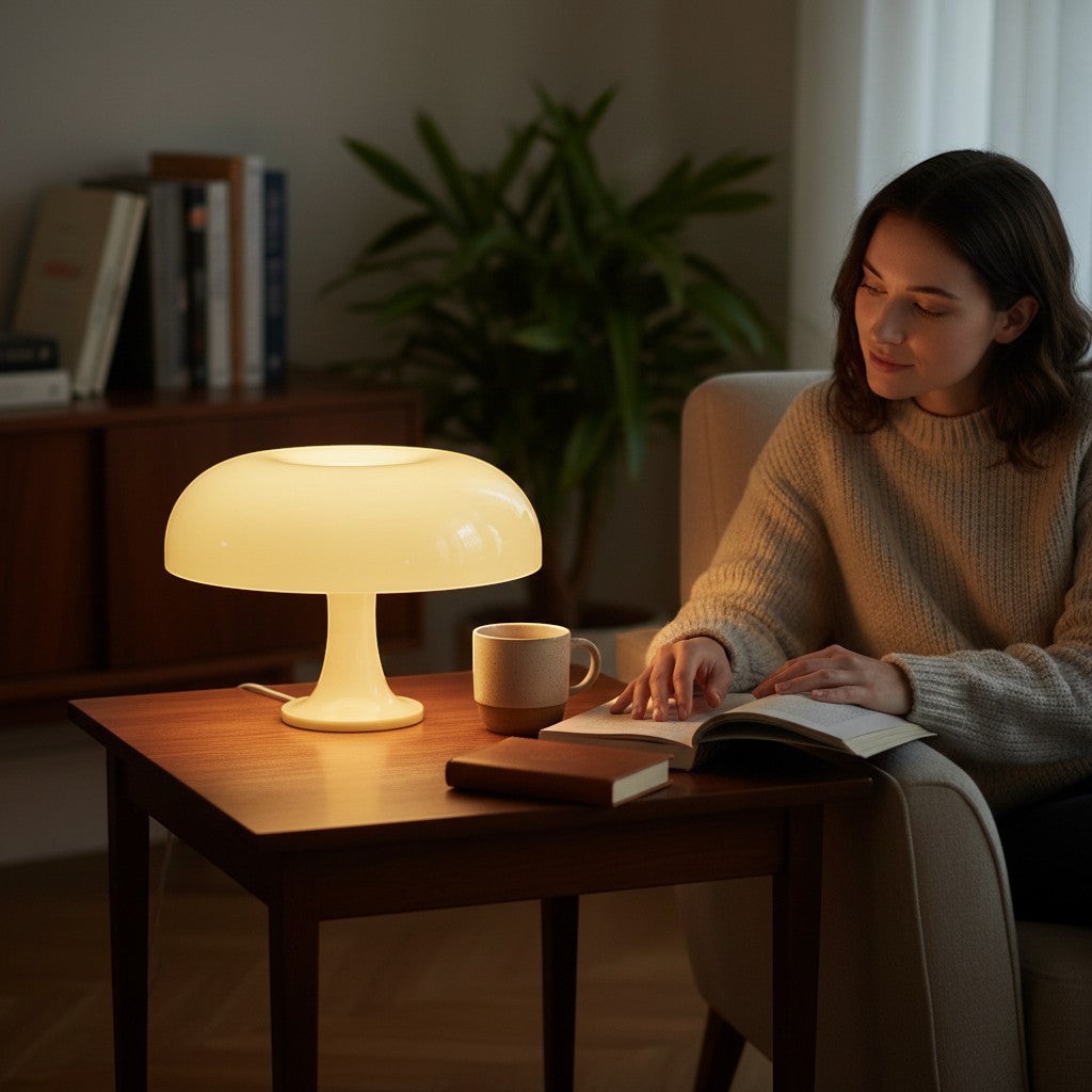 Lampe champignon Lumeoo transparente diffusant une lumière douce et chaleureuse sur une table en bois près d'une lectrice