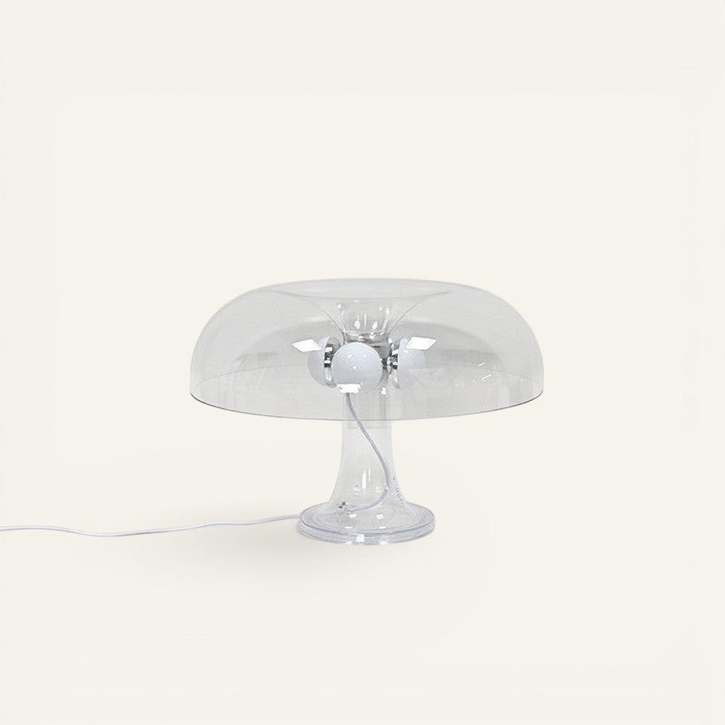 Lampe champignon transparente Lumeoo au design minimaliste en verre diffusant une lumière douce et apaisante