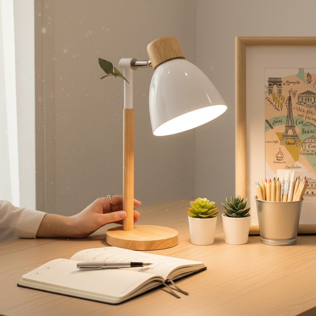 Lampe de chevet Lumeoo blanche et bois au design scandinave épuré sur un bureau avec un carnet et des plantes