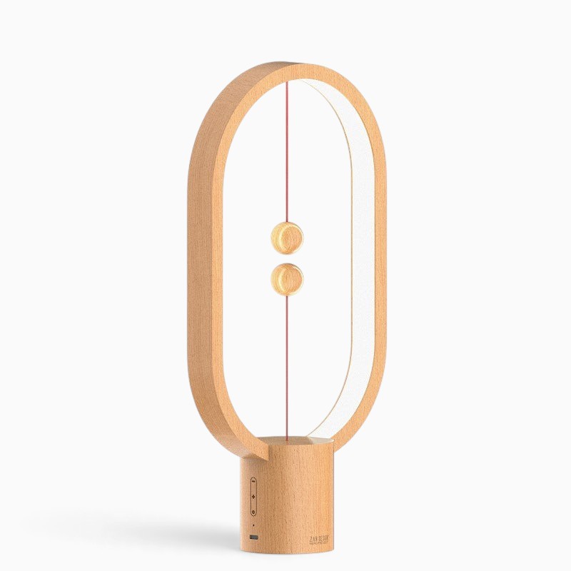 Lampe de chevet Lumeoo en bois clair avec interrupteur magnétique à billes flottantes et éclairage LED design