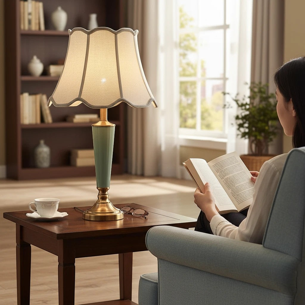 Lampe de chevet Lumeoo en céramique vert pastel et laiton avec abat-jour festonné, posée sur une table près d'une lectrice