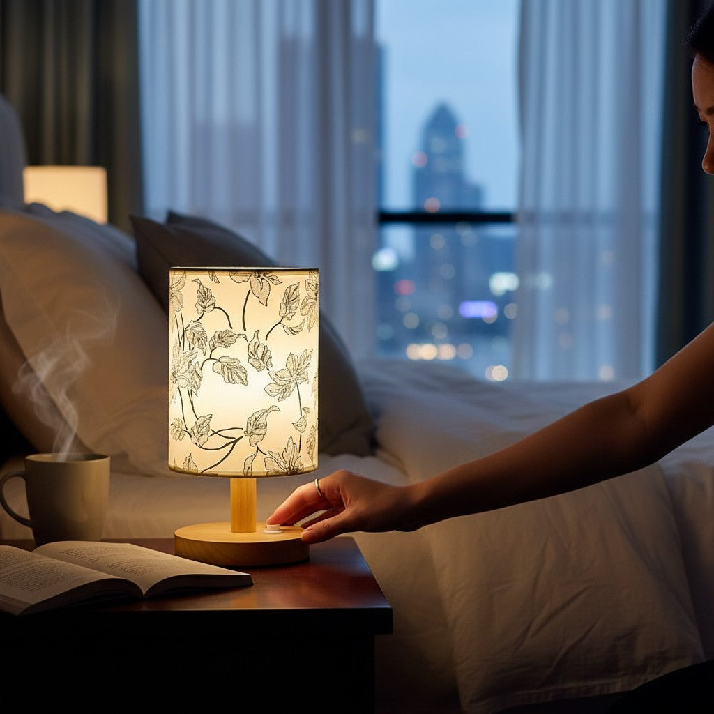 Lampe de chevet Lumeoo style chinois avec abat-jour floral et pied en bois, diffusant une lumière douce sur une table