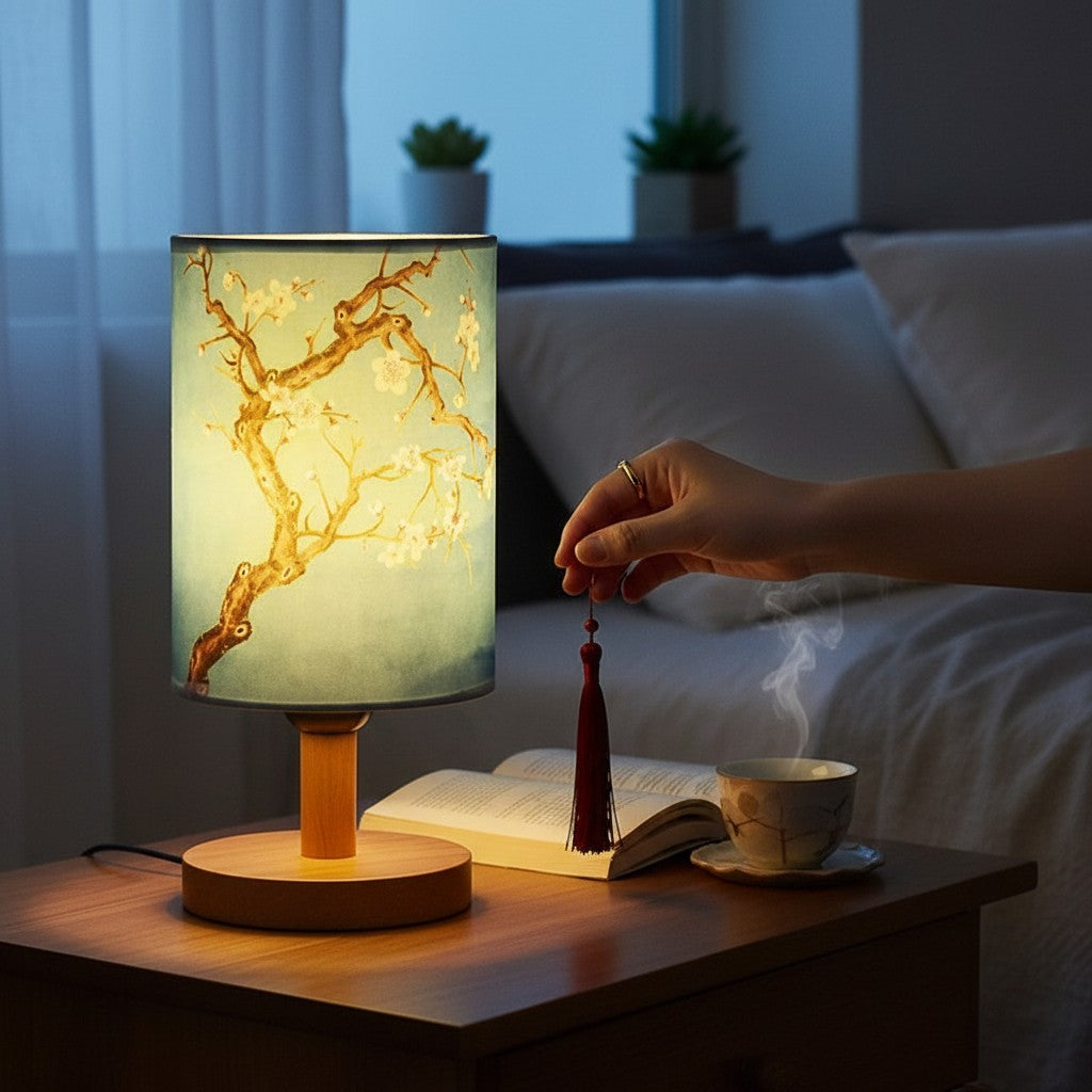 Lampe de chevet Lumeoo style chinois avec motif fleurs, pied en bois et pompon décoratif sur une table de nuit