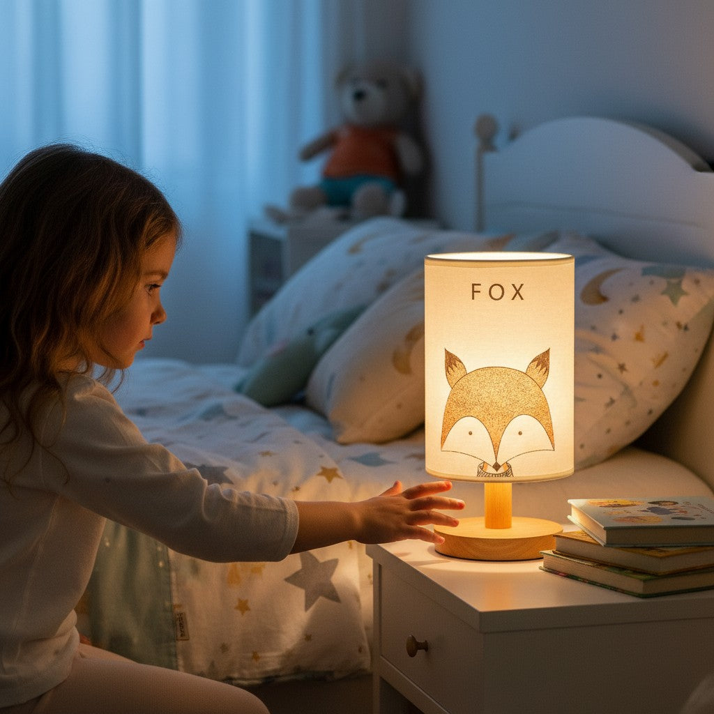 Lampe de chevet Lumeoo en bois avec motif renard et éclairage LED dimmable dans une chambre d'enfant chaleureuse