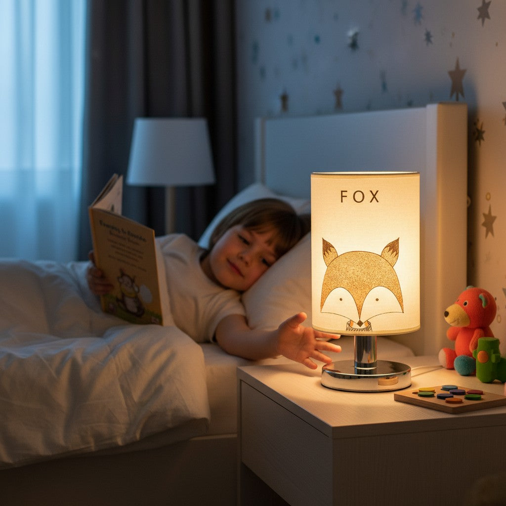 Lampe de chevet enfant Lumeoo en bois avec motif renard et éclairage LED dimmable sur une table de nuit