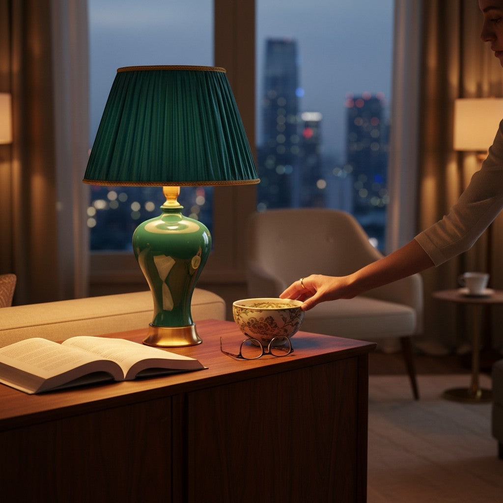 Lampe de chevet Lumeoo style européen avec abat-jour plissé vert émeraude et base en céramique brillante
