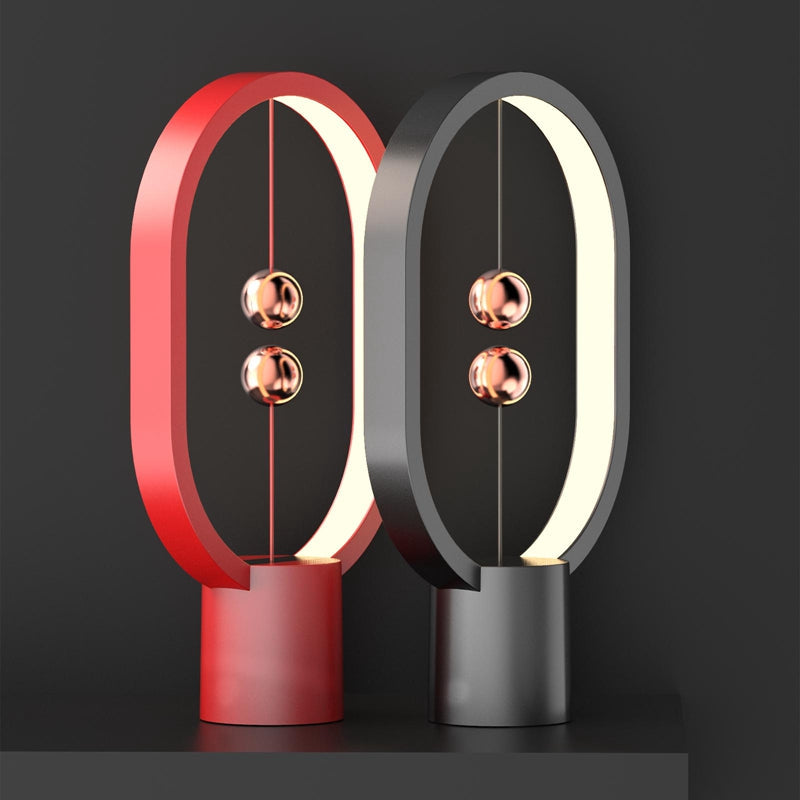 Lampe de chevet design Lumeoo EQUILUX avec interrupteur magnétique à billes flottantes, éclairage LED rouge et noir