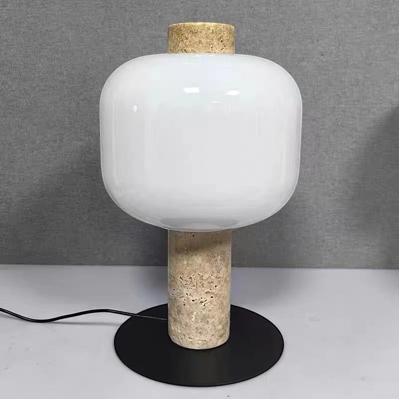 Lampe de chevet Lumeoo MARBLUX en marbre beige et verre blanc avec base ronde noire et commande tactile