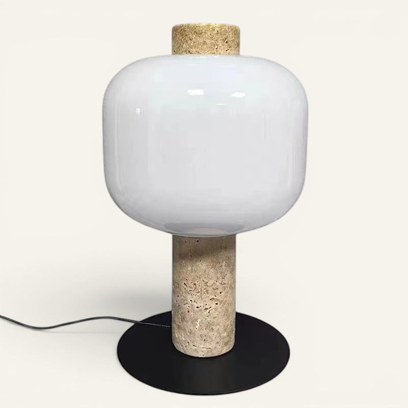 Lampe de chevet Lumeoo MARBLUX avec globe en verre blanc, base en pierre naturelle et socle noir tactile dimmable
