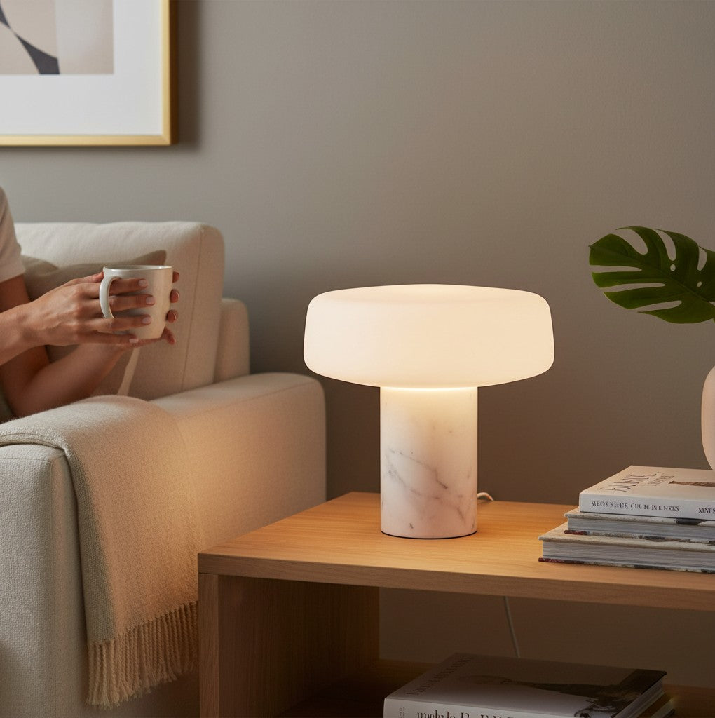 Lampe de chevet Lumeoo en marbre blanc avec abat-jour diffusant et commande tactile sur une table en bois