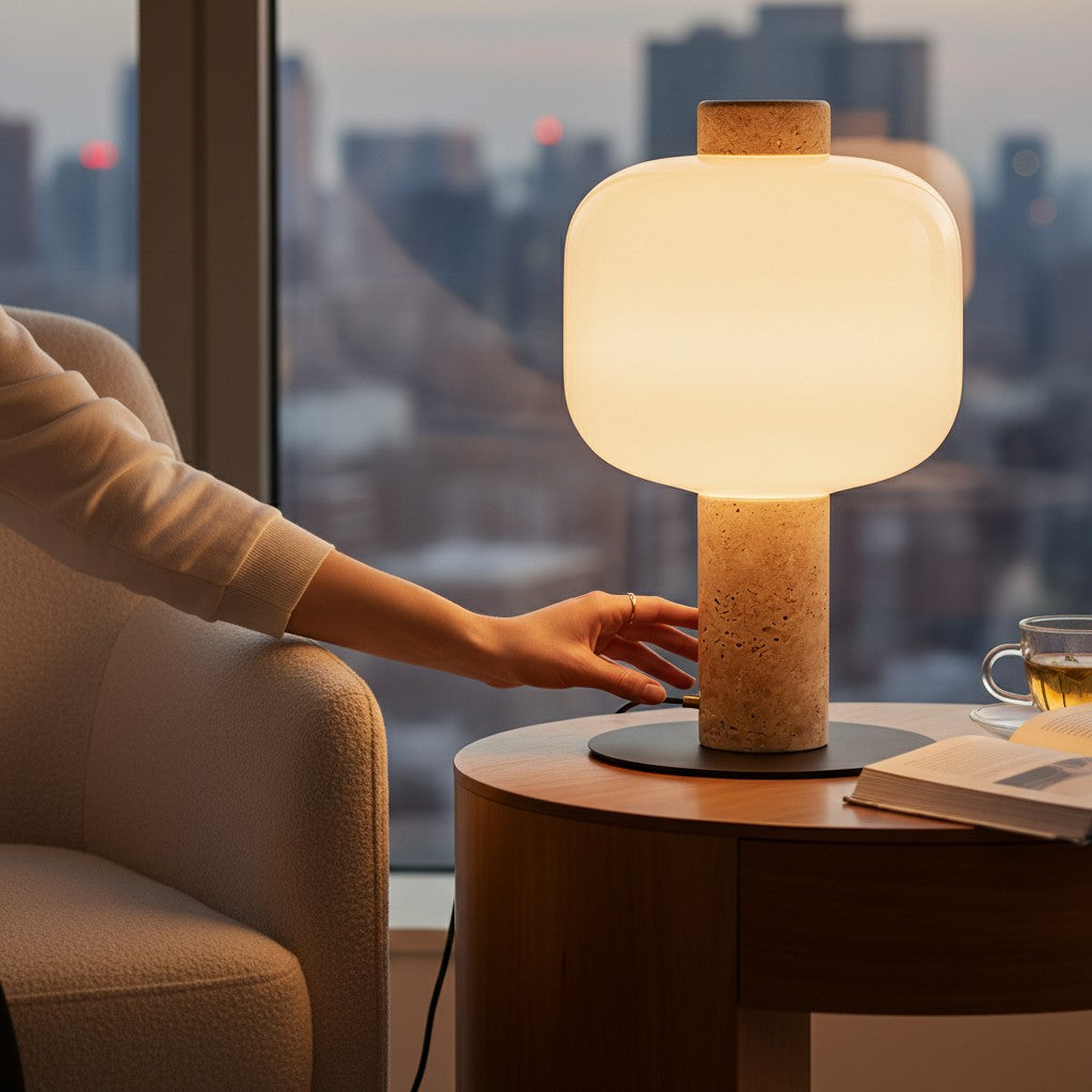 Lampe de chevet Lumeoo en marbre et verre diffusant une lumière douce, réglage tactile sur une table ronde près d'une fenêtre