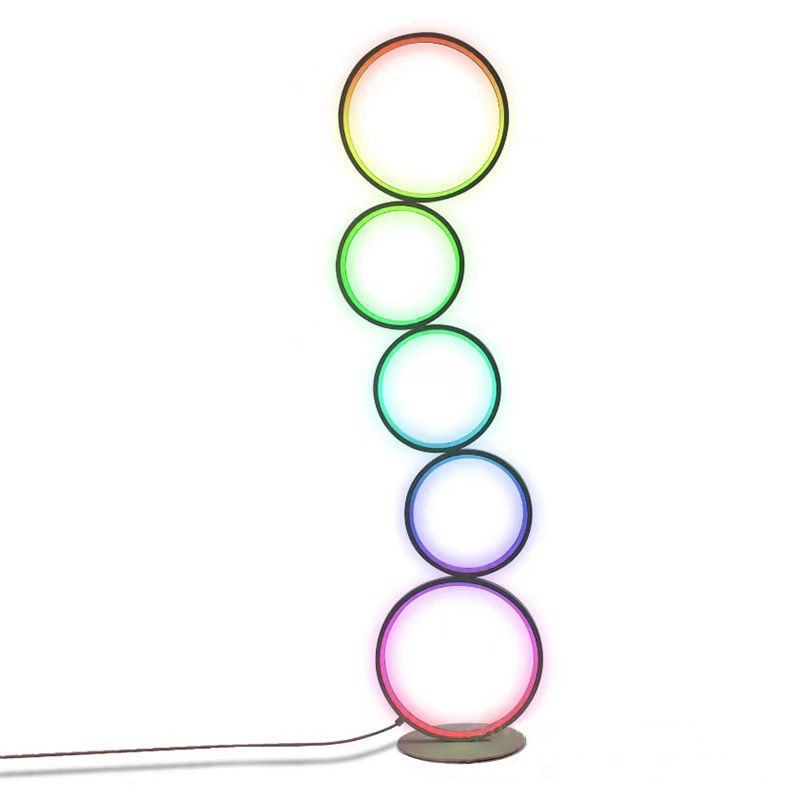 Lampe de chevet Lumeoo au design minimaliste composée de cinq anneaux lumineux LED empilés avec éclairage multicolore