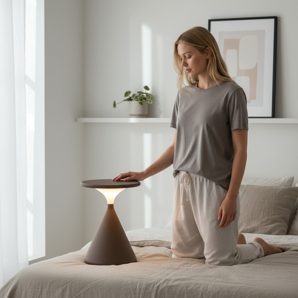Lampe de chevet minimaliste Lumeoo marron pastel au design conique posée sur un lit dans une chambre lumineuse